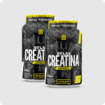 Two black and yellow bottles of Atlas Creatina supplement capsules against a light grey background.