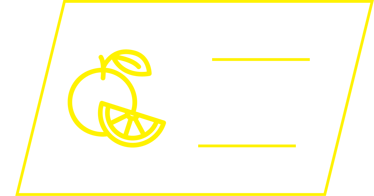 A yellow line drawing of a citrus fruit and a wedge inside a parallelogram, with lines for text.