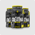 Three black and yellow bottles of a supplement labeled 'Atlas Creatina' against a grey background.