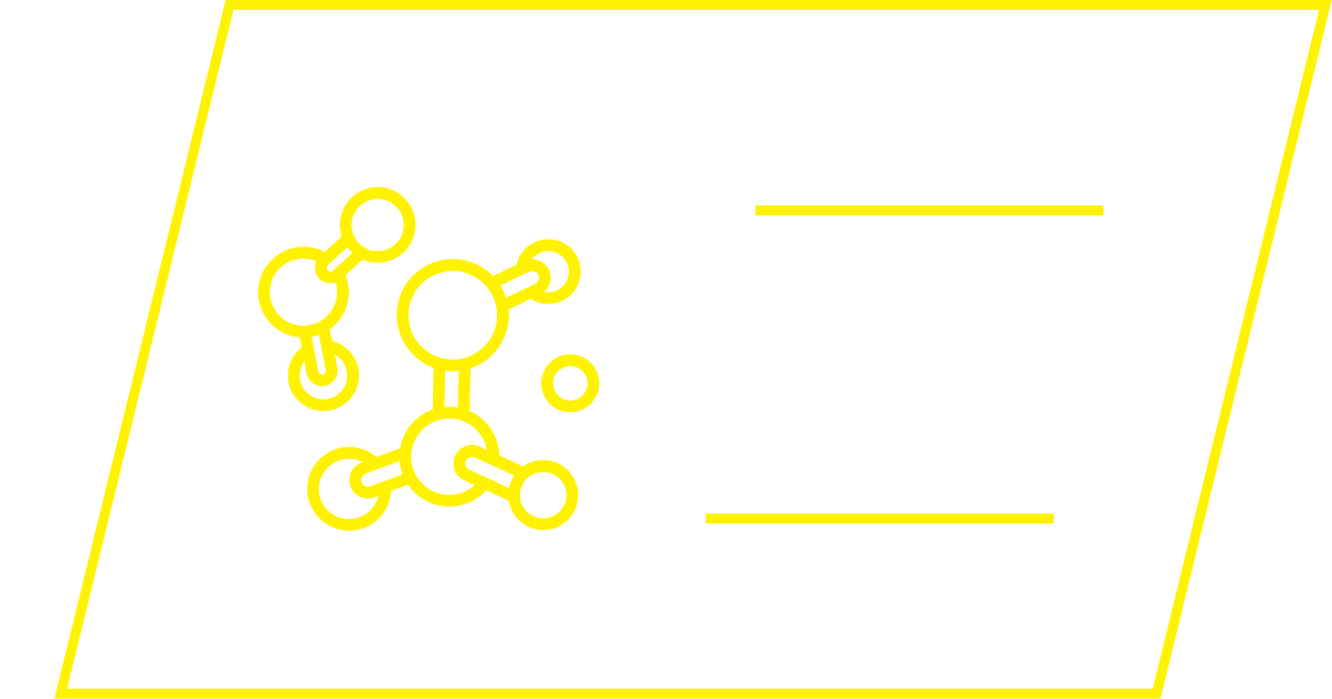 A yellow graphic of molecules and placeholder lines inside a slanted rectangular frame on a white background.