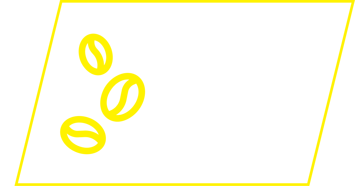 A white parallelogram with a yellow border, containing three stylized yellow coffee beans.