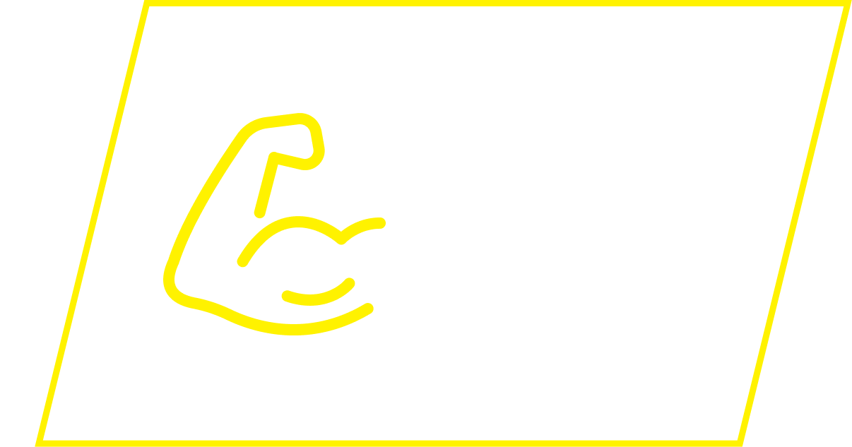 A yellow line art icon of a flexed bicep inside a skewed rectangular yellow border.