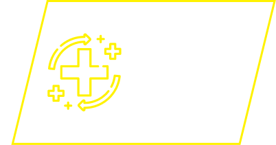 A yellow icon of a plus sign with circling arrows inside a parallelogram outline on a white background.