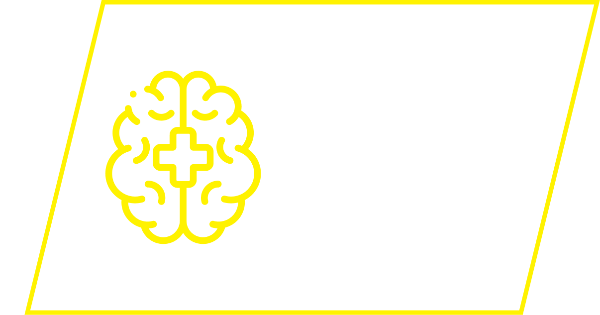 A yellow outline of a brain with a plus sign in the middle, inside a yellow parallelogram.