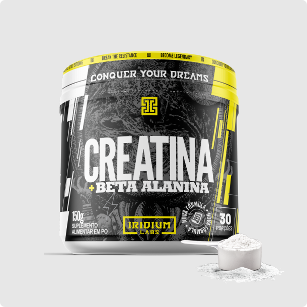 A black and yellow tub of Iridium Labs Creatina + Beta Alanina supplement with a scoop of white powder.