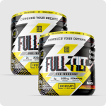 Two black and yellow tubs of Full Tilt pre-workout supplement against a grey background.
