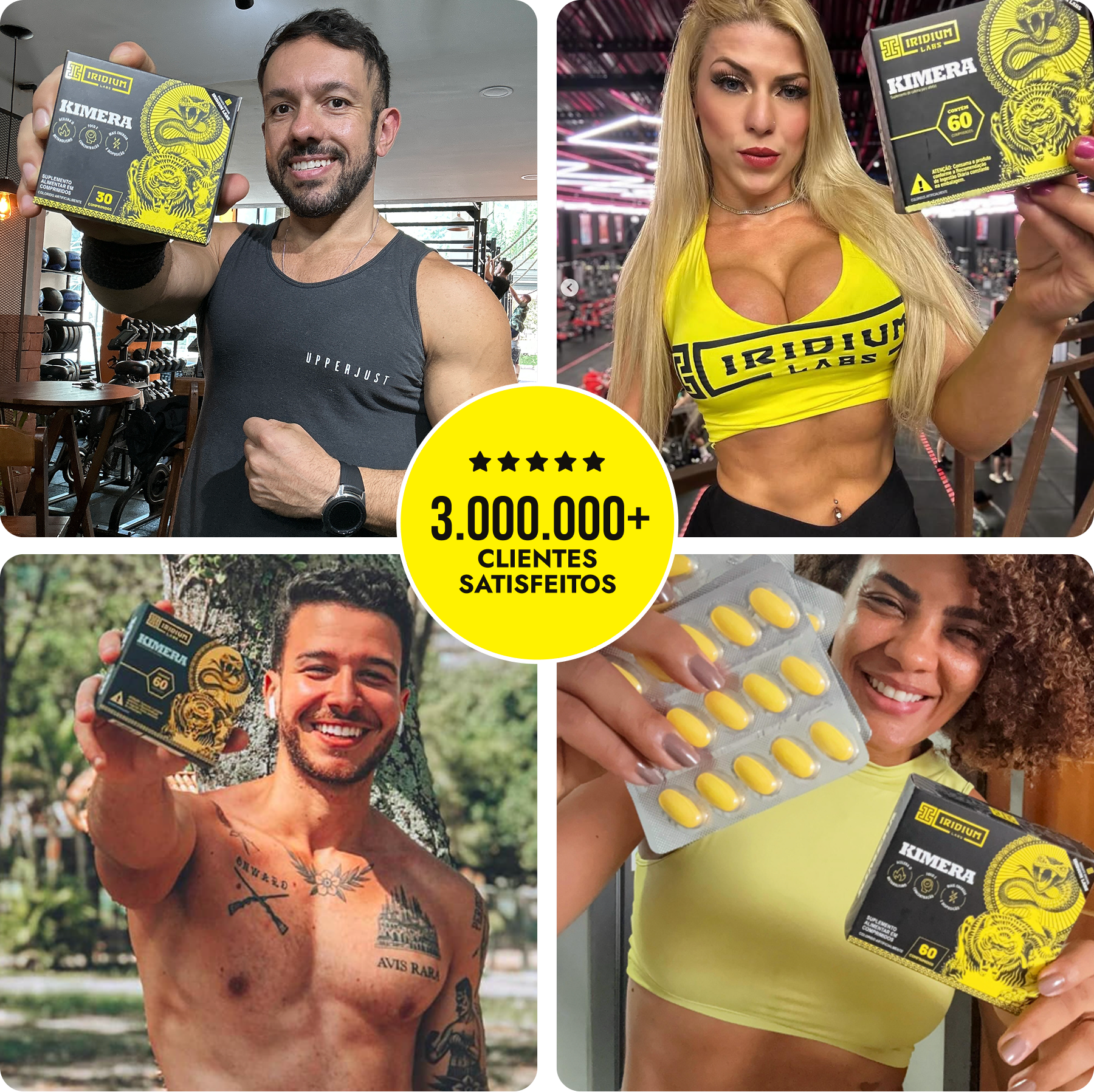A collage of four fit people holding boxes and pills of Kimera supplements, with text indicating satisfied customers.