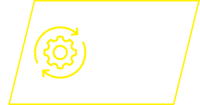A yellow line icon of a gear surrounded by two arrows in a circular motion.