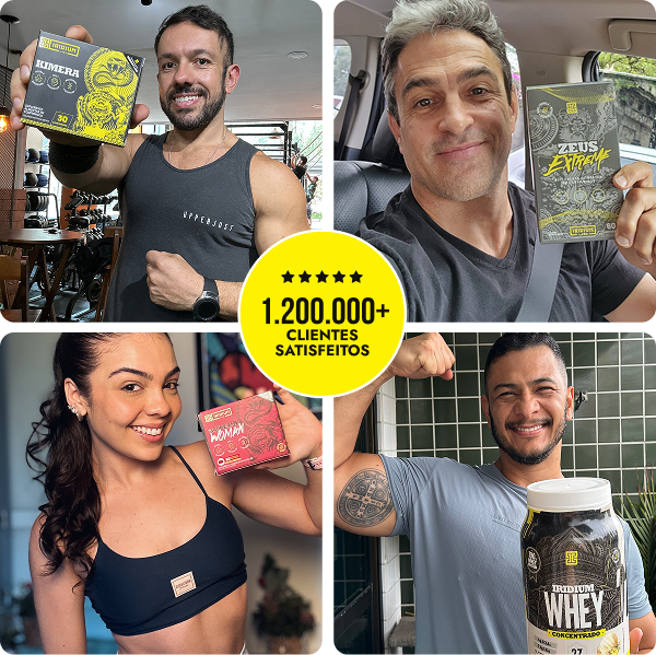 A photo collage of four smiling people holding various nutritional supplement products, with a satisfaction graphic in the center.