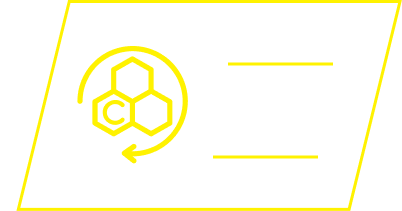 A yellow line drawing of a chemical symbol with a 'C' and a circular arrow inside a parallelogram.