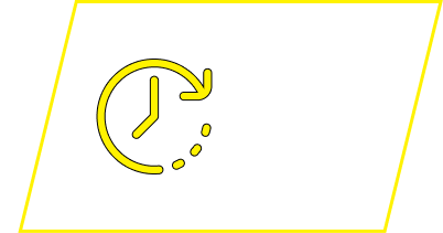 A yellow icon of a clock with a circular arrow, set inside a yellow parallelogram frame.