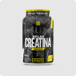 A black and yellow bottle of Atlas Creatina capsules against a plain grey background.
