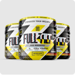 Three black and yellow tubs of Full Tilt pre-workout supplement on a light gray background.