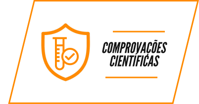 An orange icon of a shield with a test tube and checkmark, beside the text 'Comprovações Científicas'.