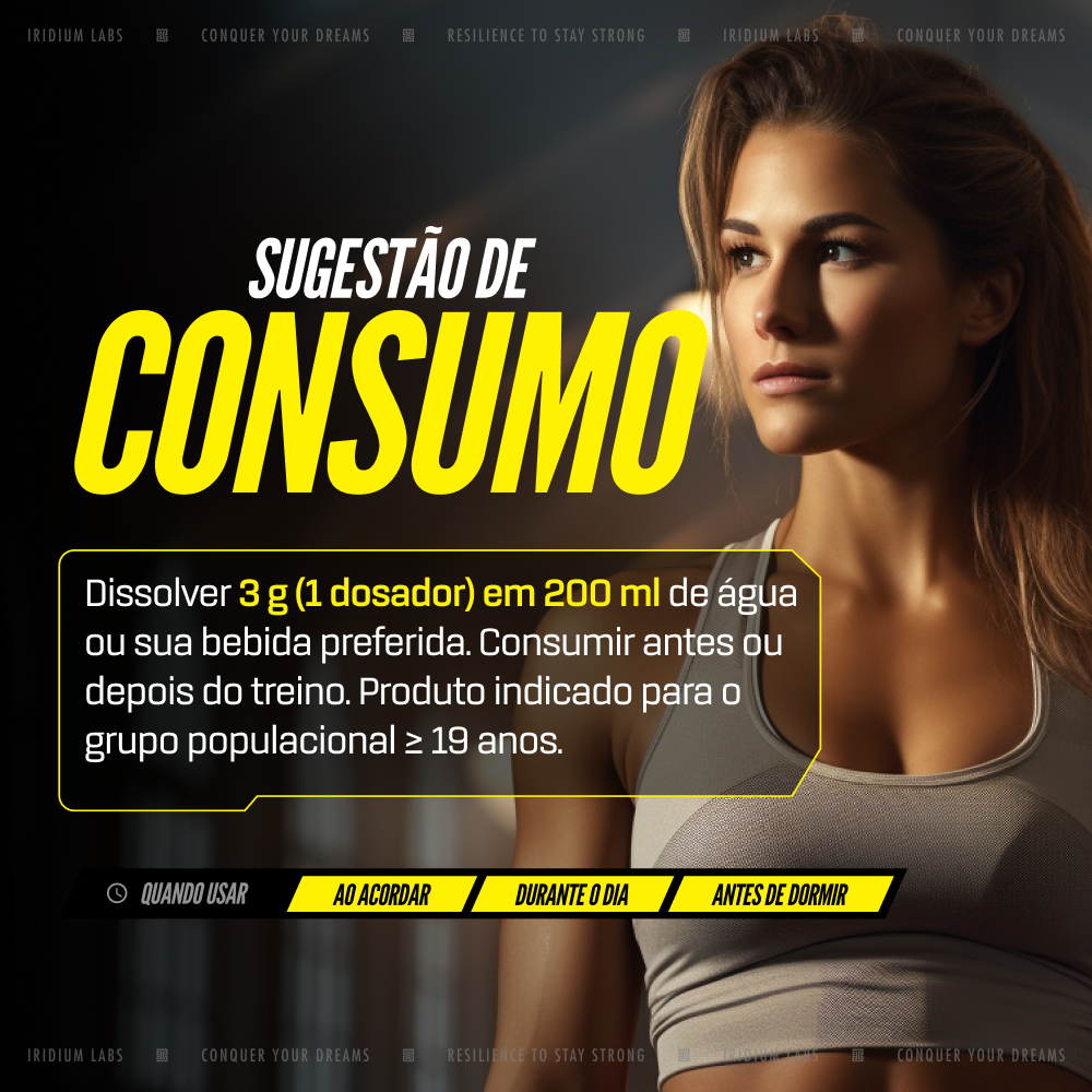 An advertisement for a supplement with a woman and usage instructions in Portuguese.