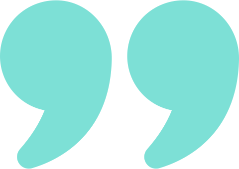 A large, teal quotation mark symbol on a white background.