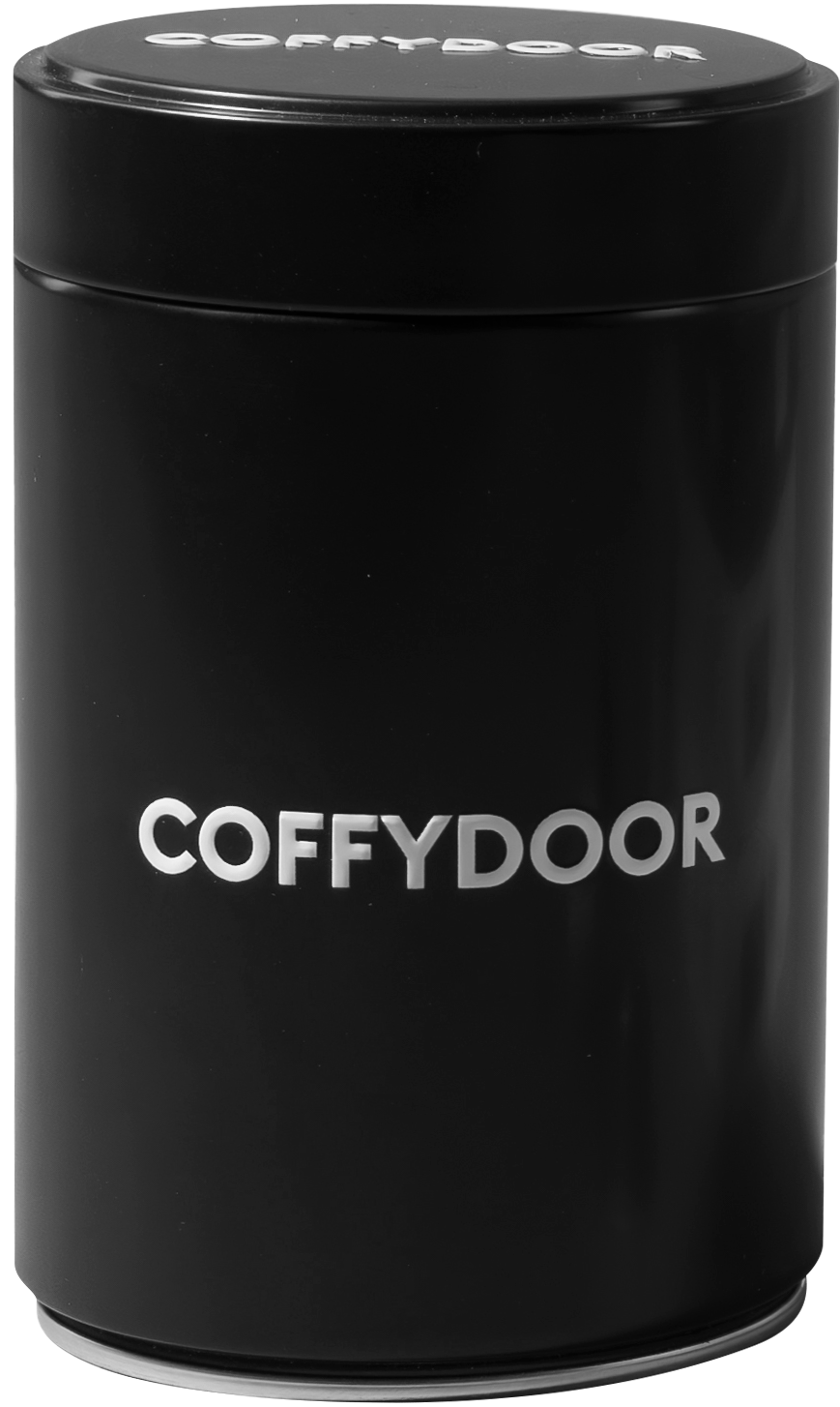 Black cylindrical container with 'COFFYDOOR' text on it.