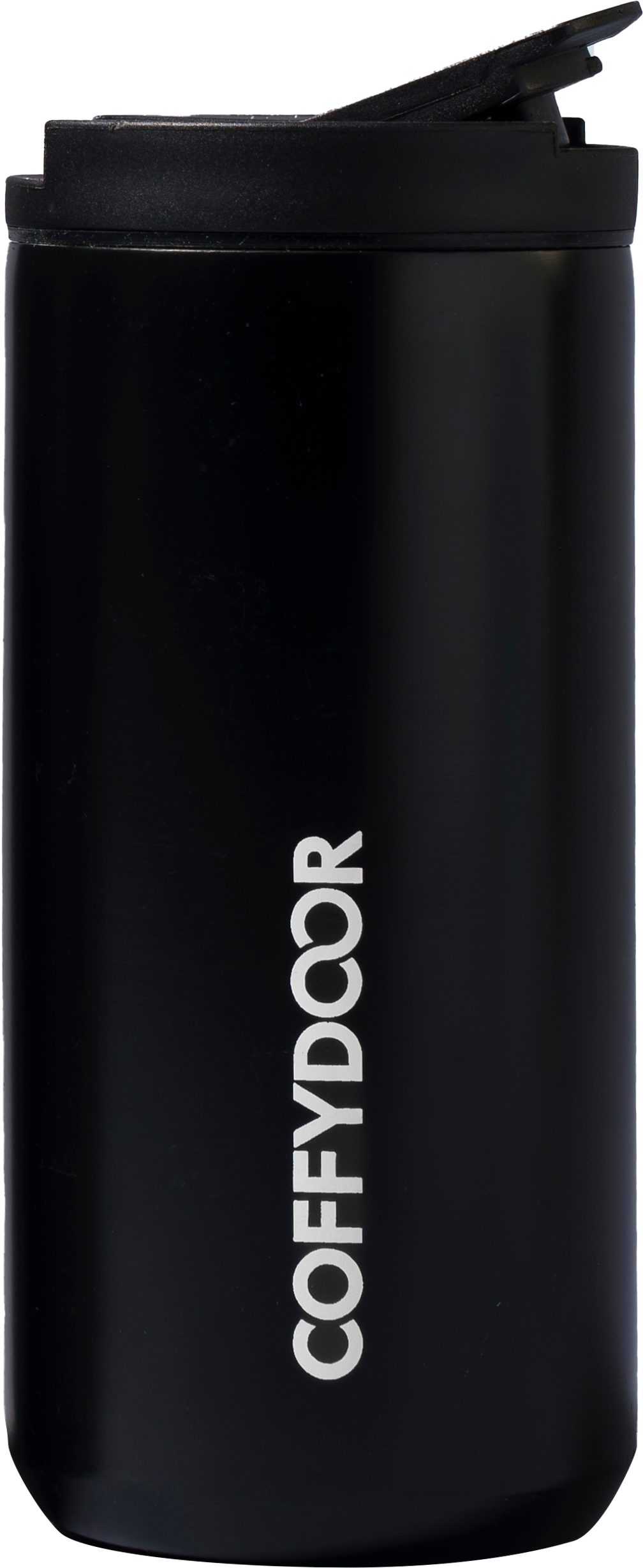 Black travel mug with 'COFFYDOOR' printed vertically in white.