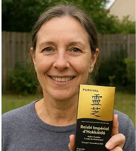 Person holding a box labeled 'Reishi Impérial d'Hokkaïdo' outdoors.