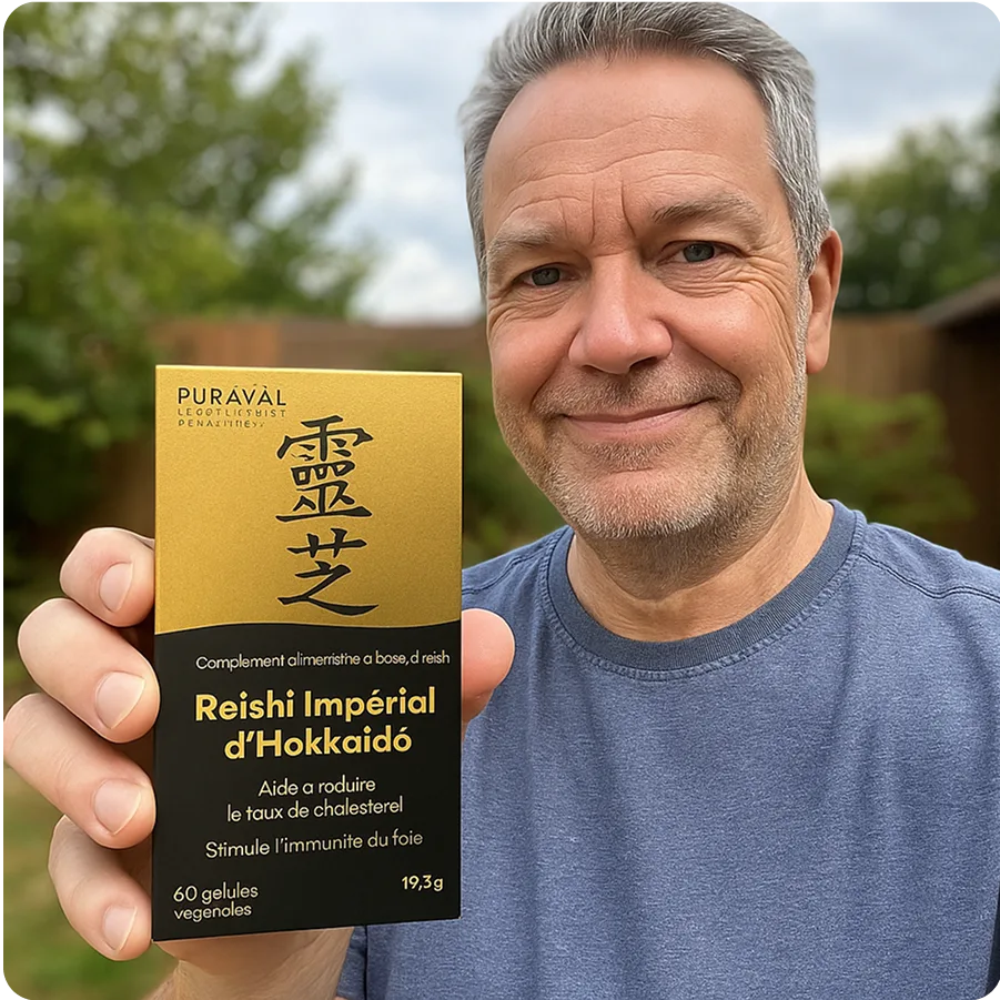 Man holding a box of Reishi Impérial d'Hokkaidō supplement outdoors.