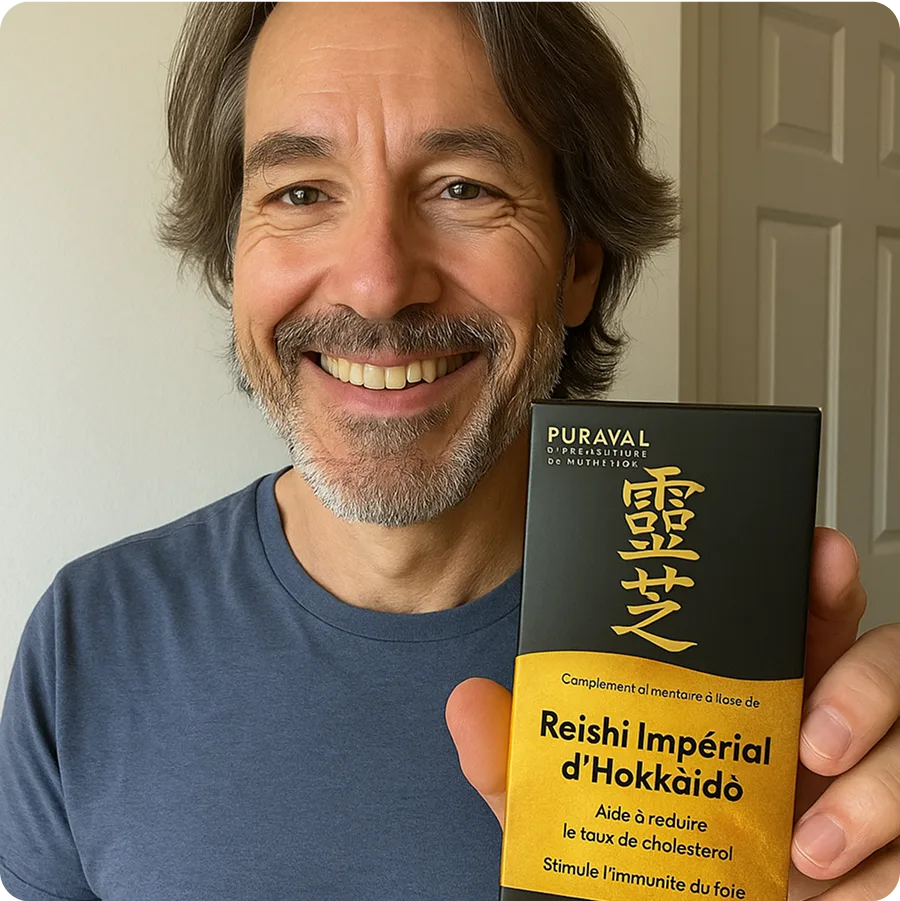Smiling man holding a box labeled 'Reishi Impérial d'Hokkaïdo.'