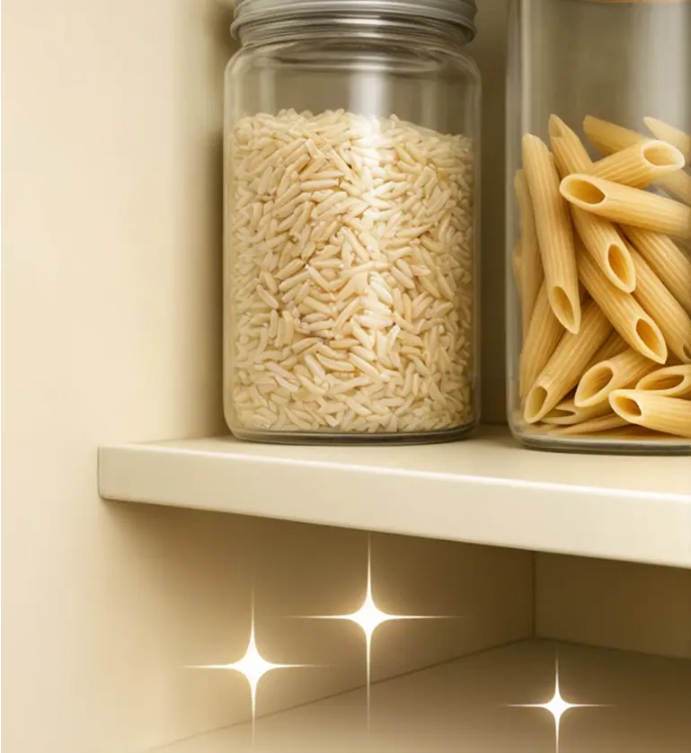 Jars of rice and pasta on a clean shelf with sparkles.