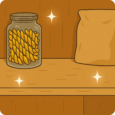 Illustration of a jar with pasta and a paper bag on a wooden shelf.