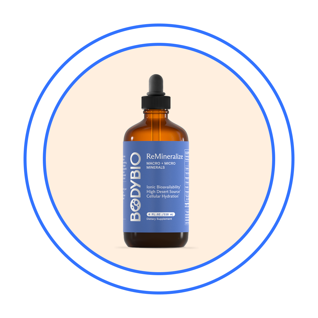 A brown dropper bottle of BODYBIO ReMineralize supplement inside a blue circular frame.