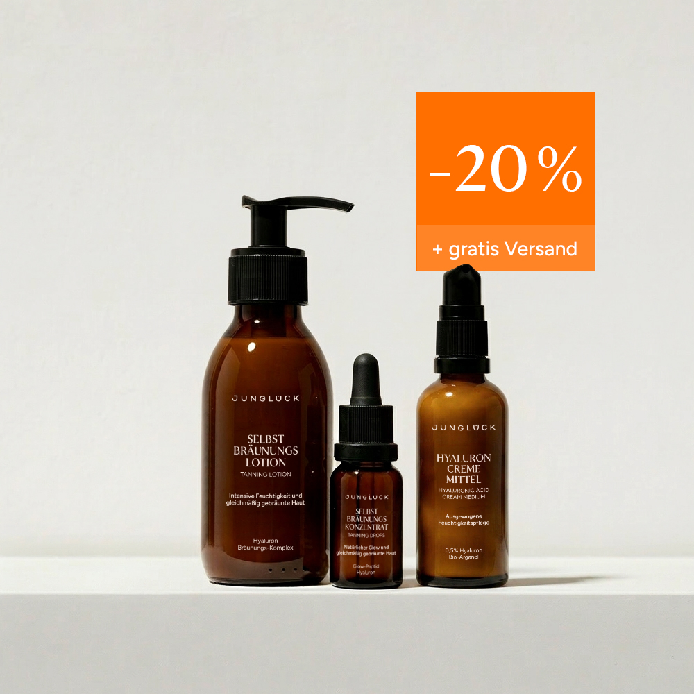 Three Junglück cosmetic products in brown bottles with an orange sale banner showing -20% and free shipping.