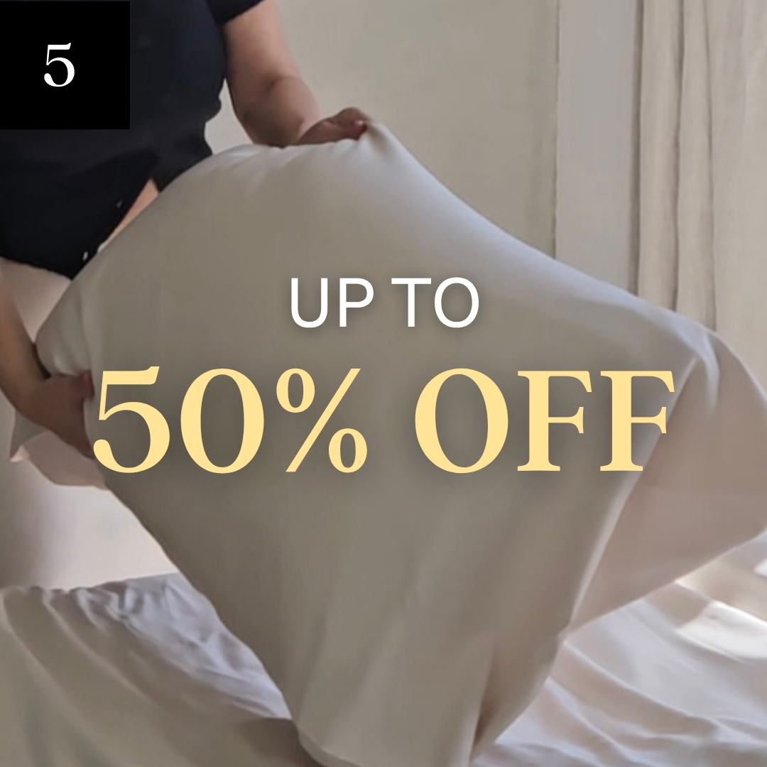 A person puts a white sheet on a bed. Text overlay reads, 'Up to 50% Off'.