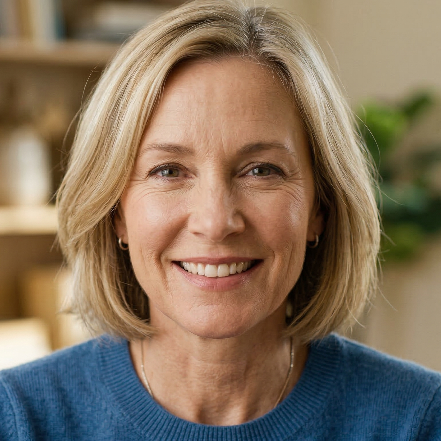 A headshot of a smiling middle-aged woman with blonde hair wearing a blue sweater indoors.