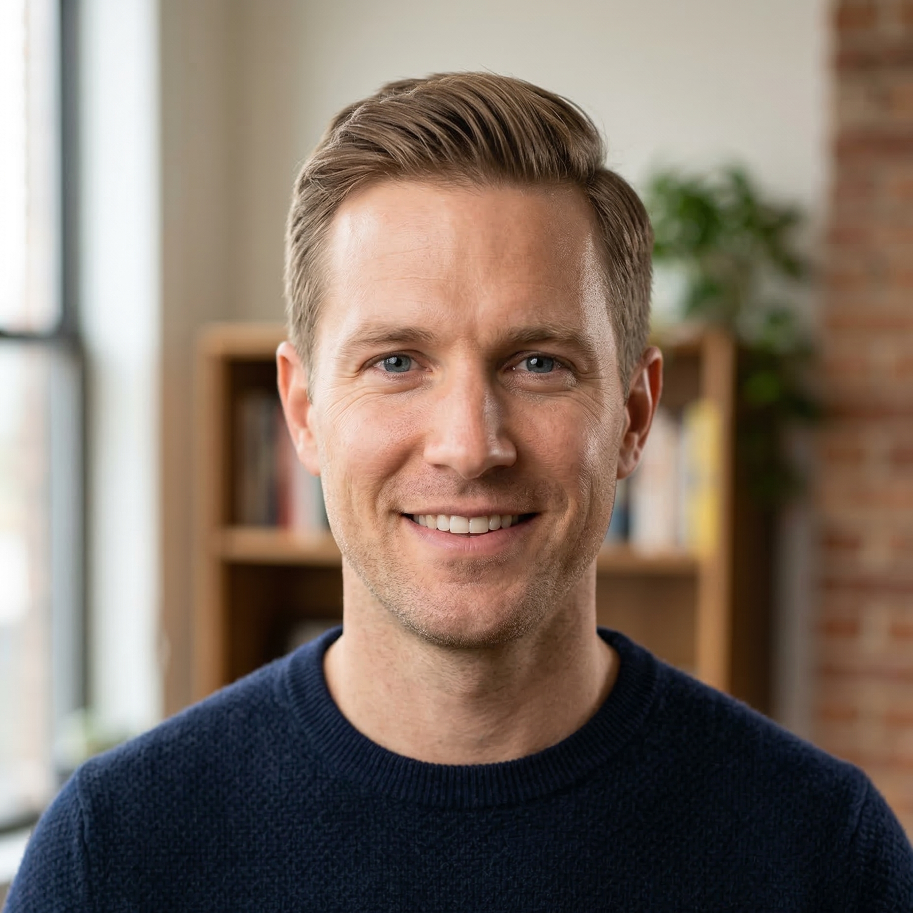 A headshot of a smiling man with light brown hair and blue eyes, wearing a dark blue sweater.