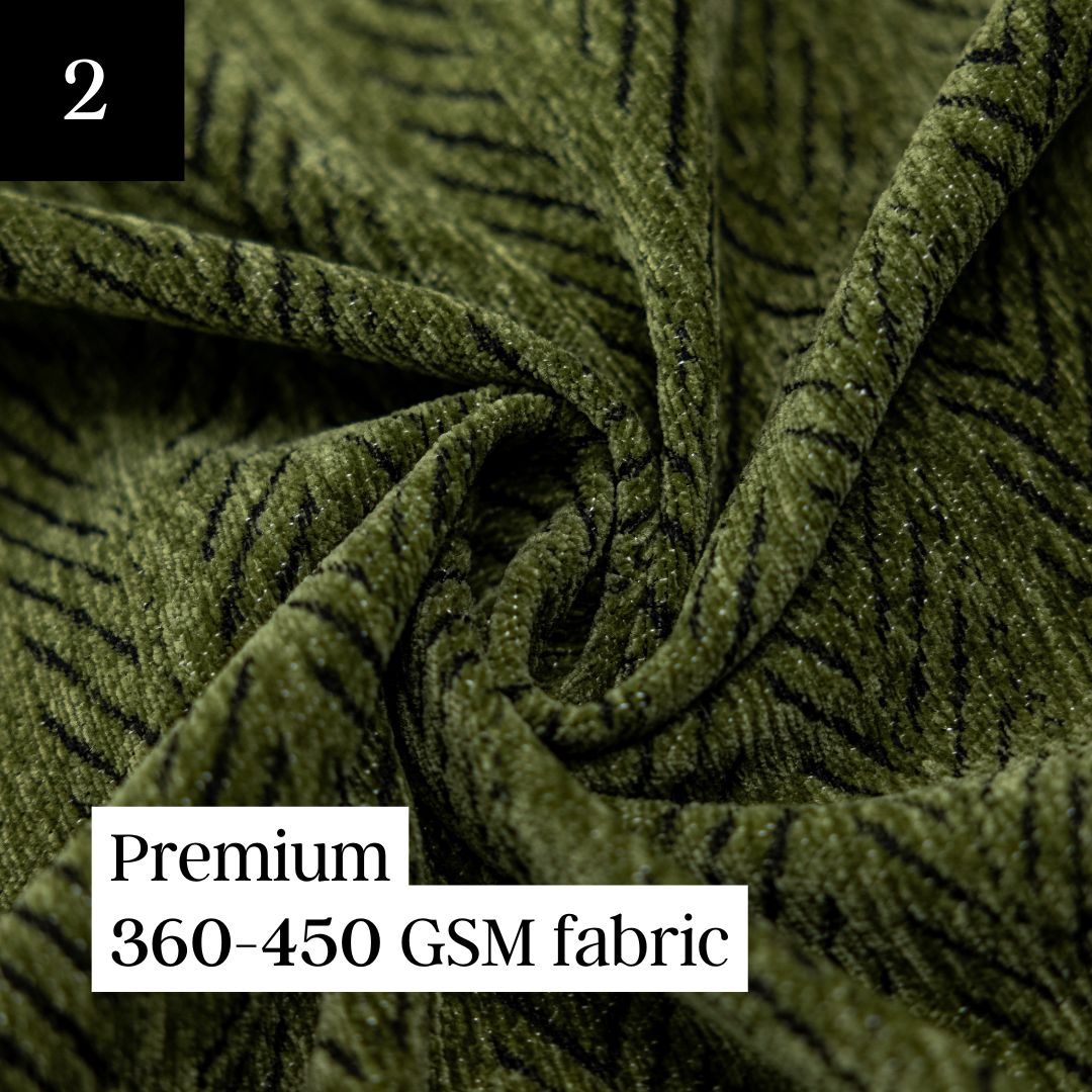 A close-up of a thick, green fabric with a black chevron pattern, shown gathered in soft folds.