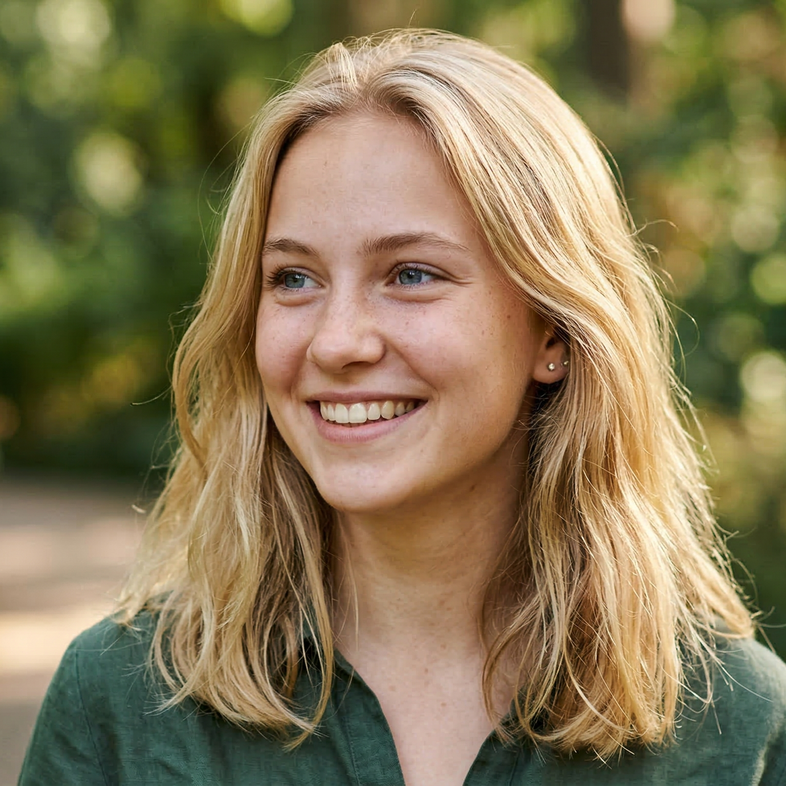 A young woman with blonde hair and blue eyes smiling and looking to her right outdoors.