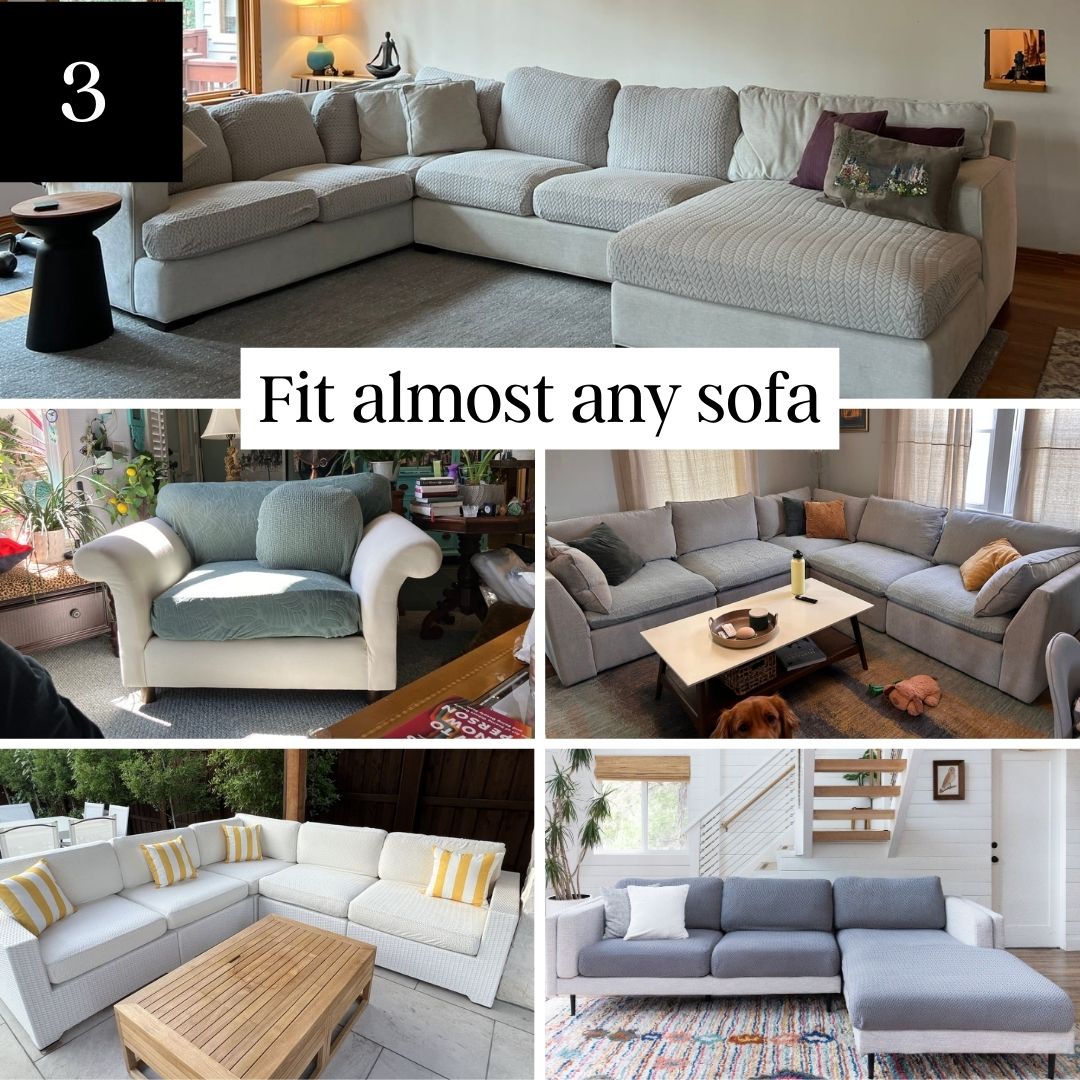 A collage of five photos showing different sofas and an armchair in various settings with custom cushion covers.