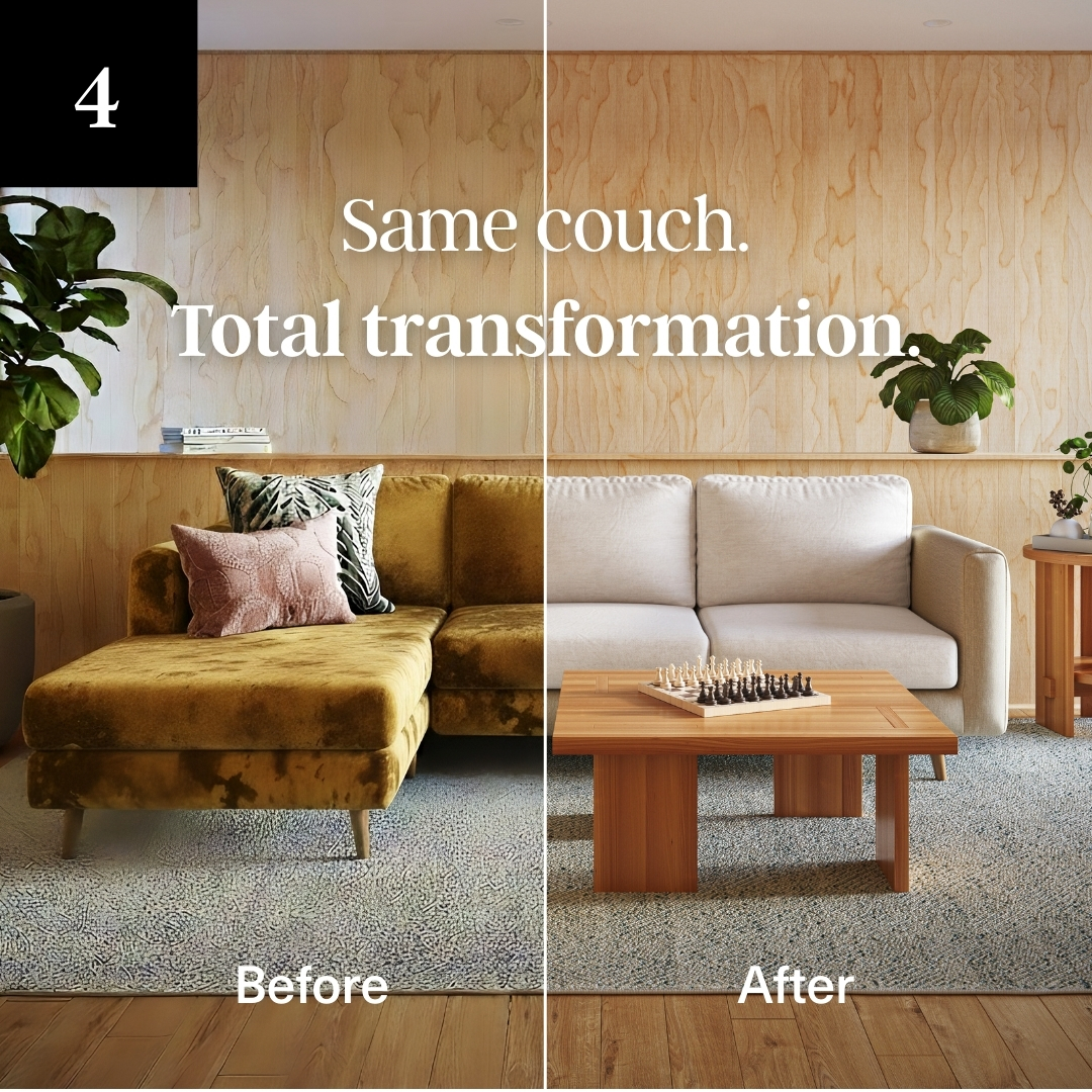 A before-and-after split image showing a yellow velvet couch transformed with a new light-colored slipcover.