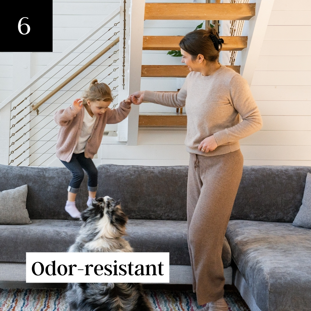 A woman holds a girl's hand as she jumps on a grey couch with a dog looking up.