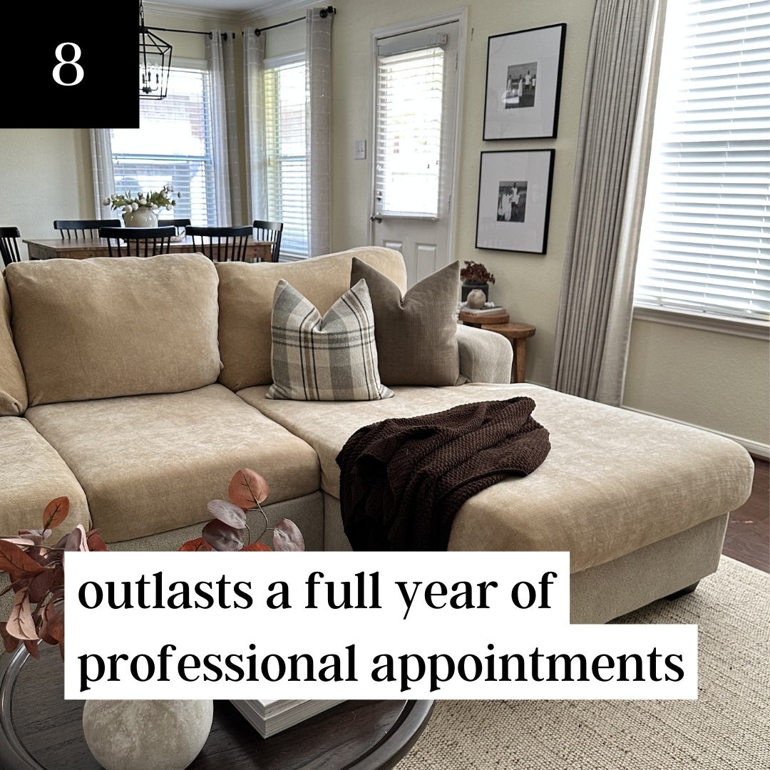 A beige sectional sofa with decorative pillows and a brown throw blanket in a living room setting.