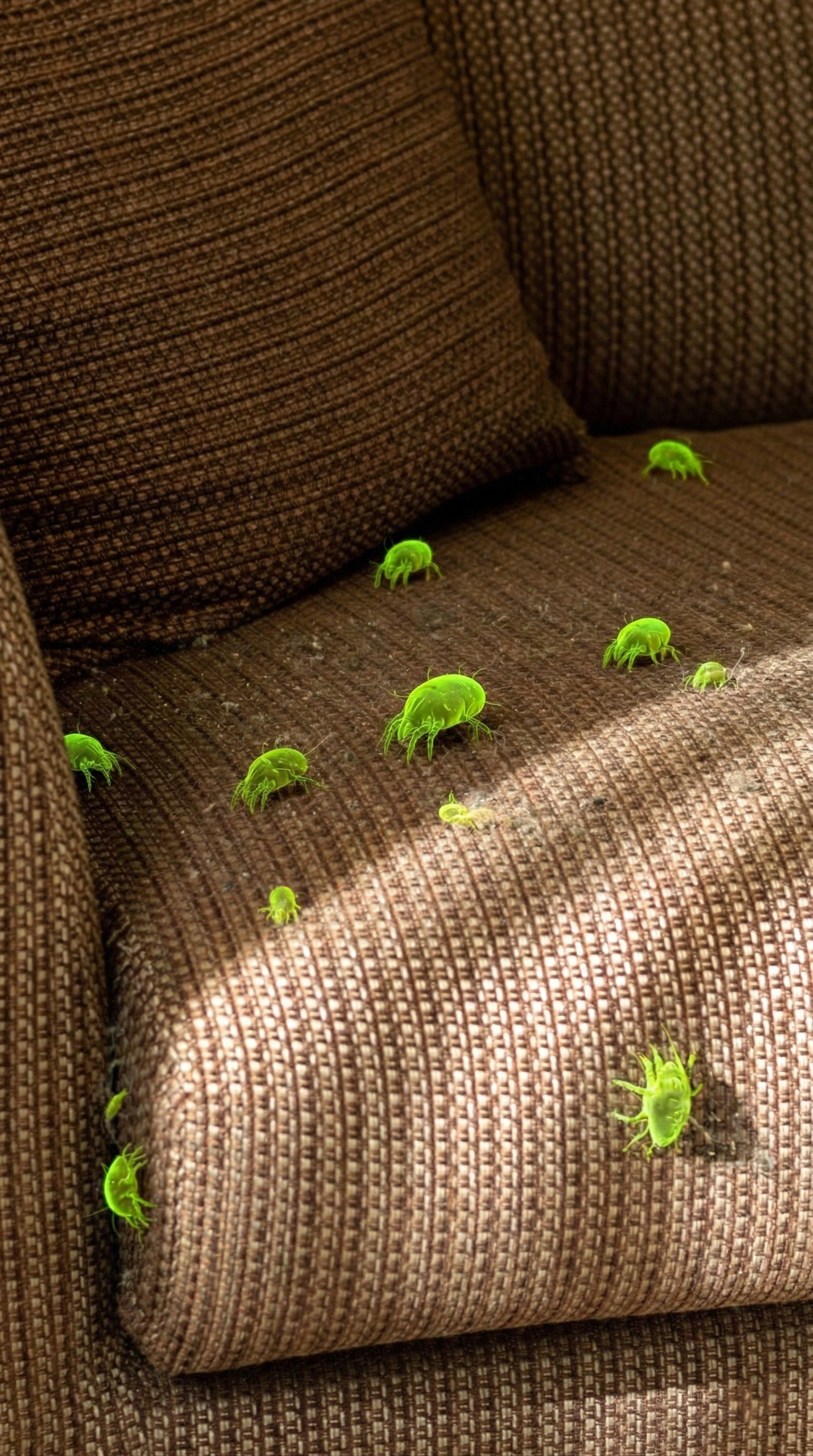 A computer-generated, magnified image of bright green dust mites crawling on a brown fabric sofa.