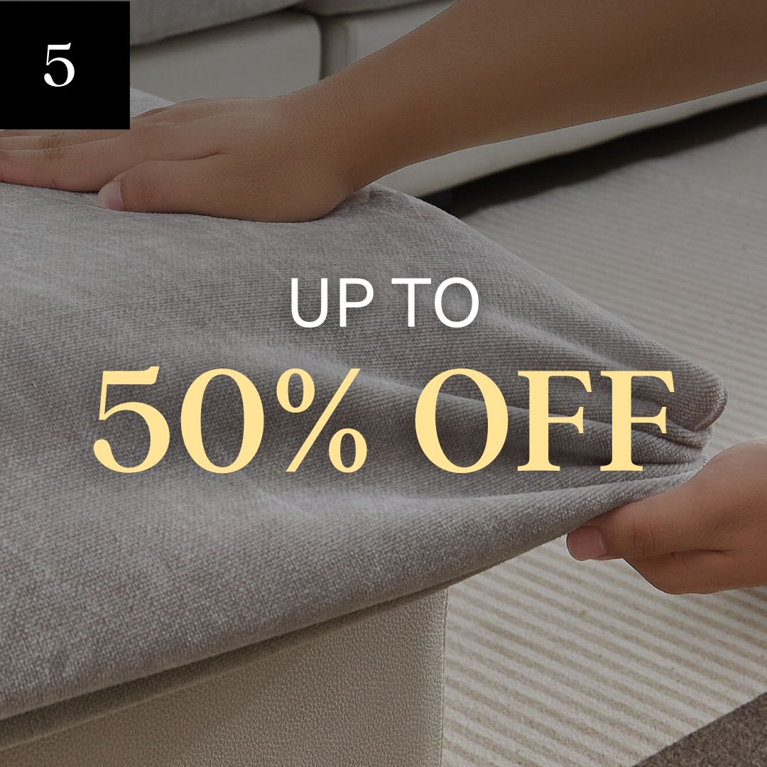 A person's hands stretch a gray fabric slipcover over a sofa cushion, with text reading 'UP TO 50% OFF'.