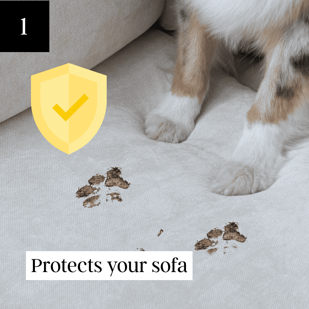 A dog's muddy paw prints on a light-colored sofa, with a protective shield icon and text overlay.