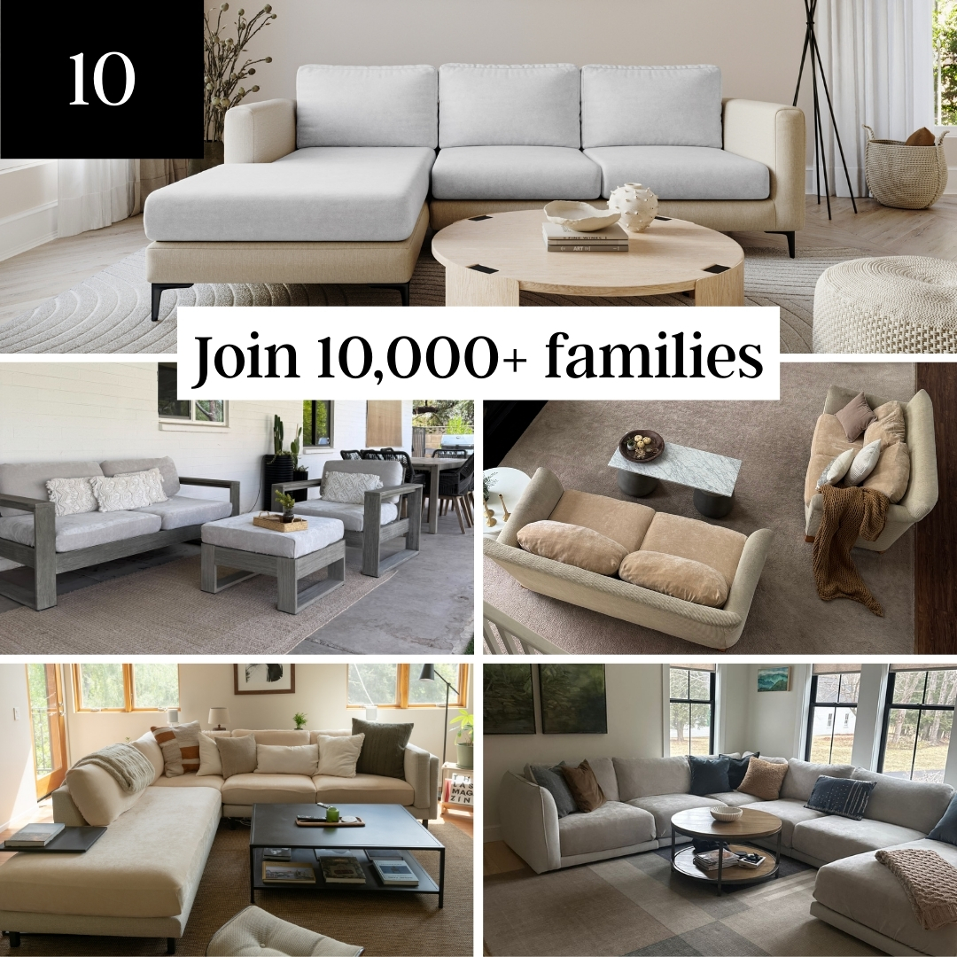 A collage of five photos of modern living room and patio furniture sets with overlaid text.