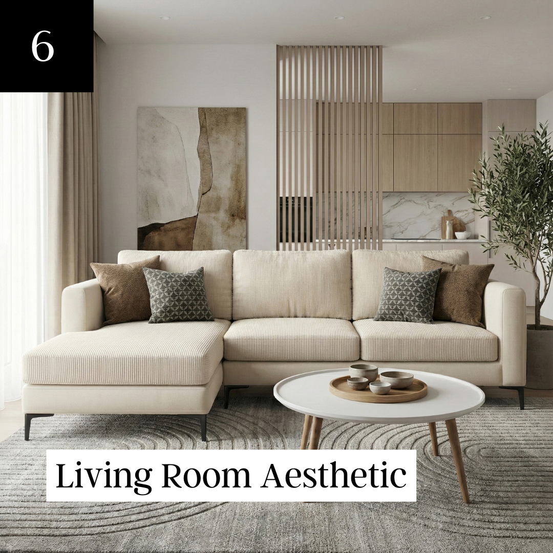 A modern living room featuring a cream-colored sectional sofa, a round coffee table, and abstract art on the wall.