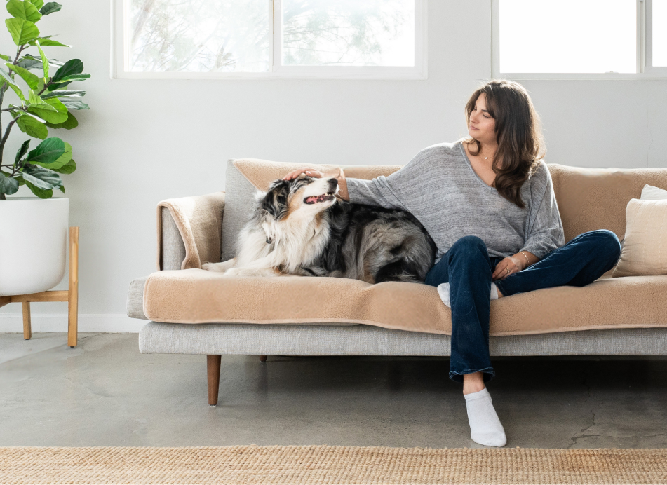 Woman sitting on a sofa with a dog, plant in the background.