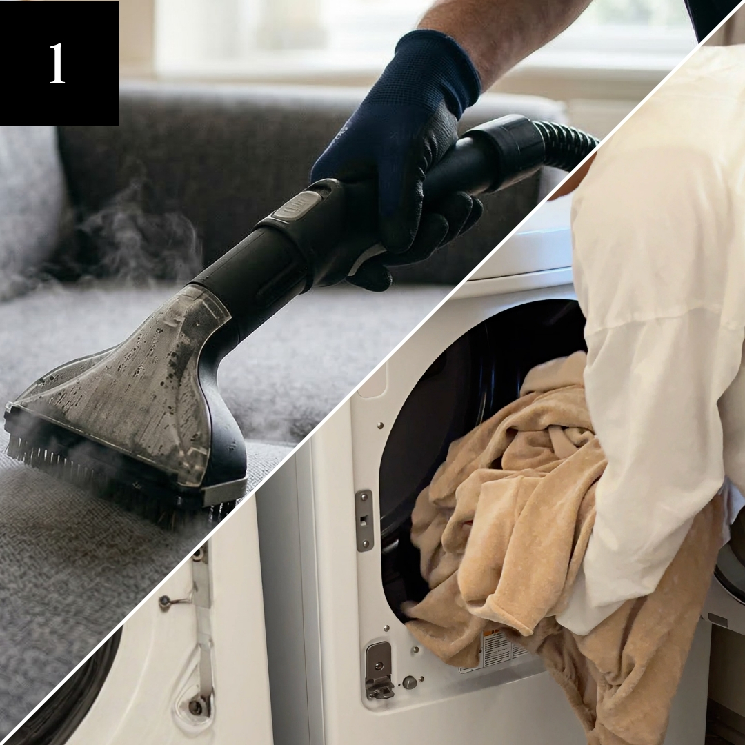 A split image showing a person steam cleaning a couch and another person loading a washing machine.