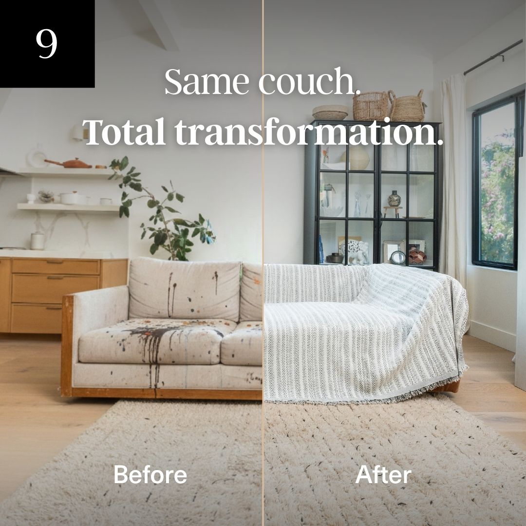 A before-and-after image showing a stained couch on the left and the same couch covered with a throw blanket on the right.