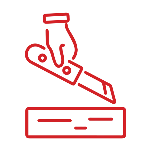 Red icon of a hand using a utility knife on a surface.