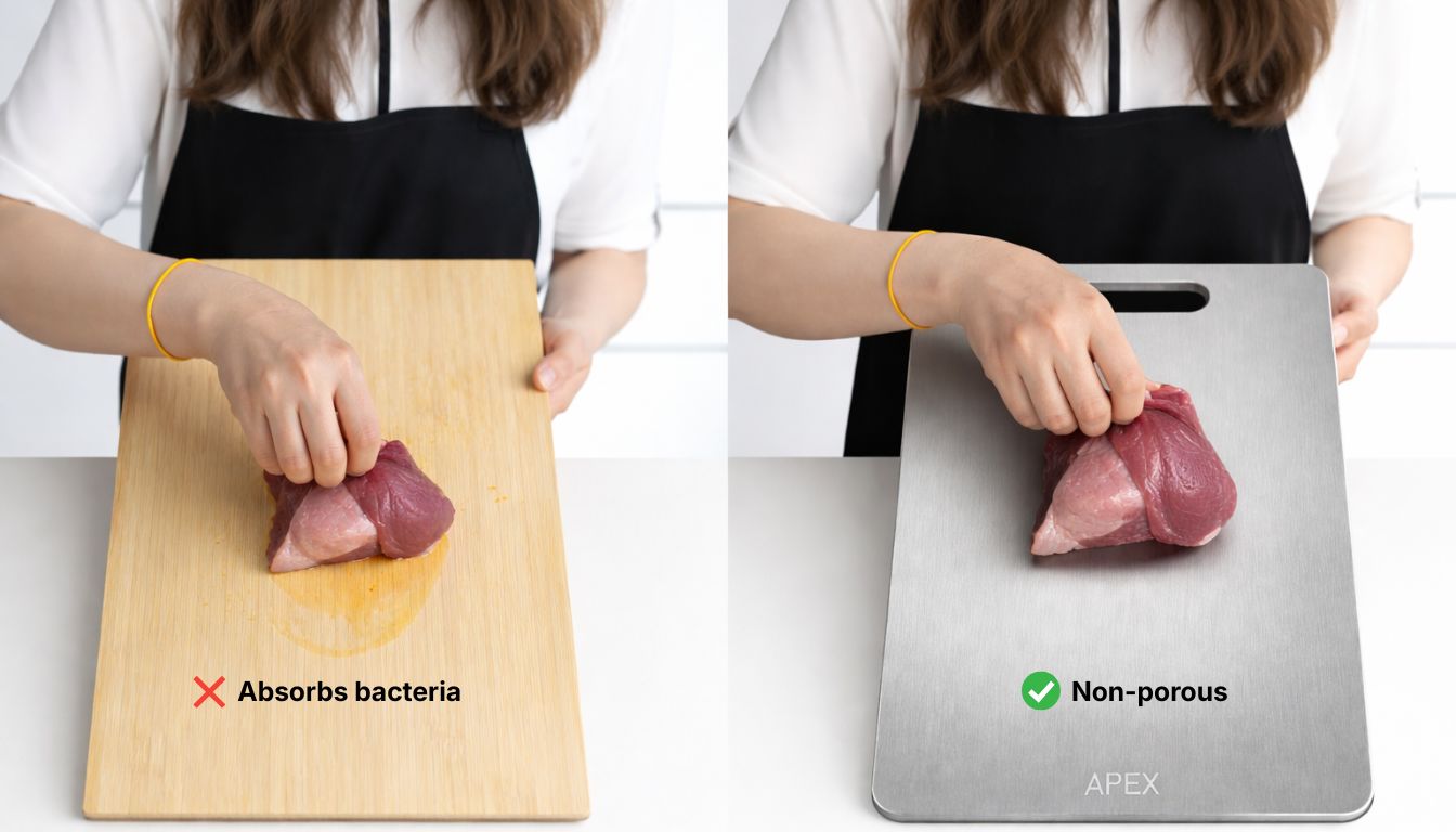 Comparison of meat on wooden and metal cutting boards, showing bacterial absorption and non-porous surfaces.