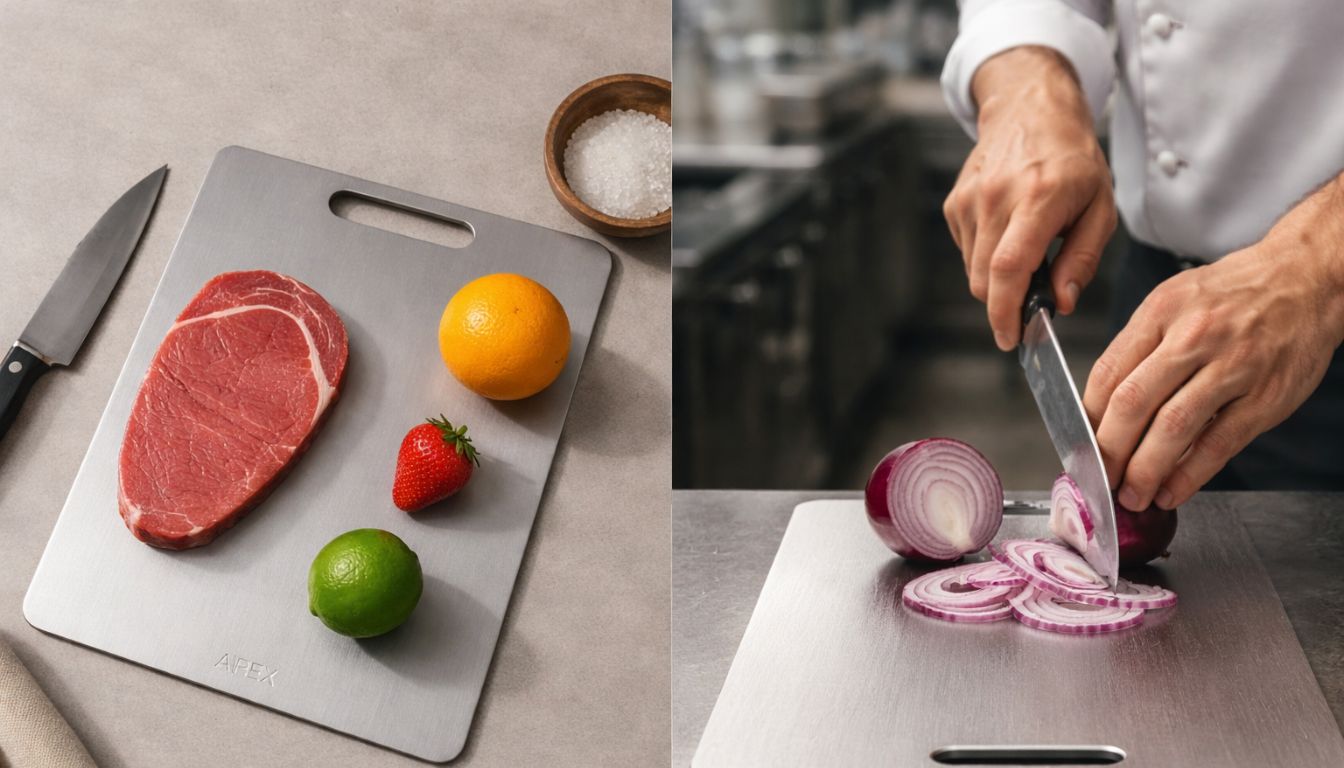 Raw steak and fruits on a cutting board; hands slicing a red onion.