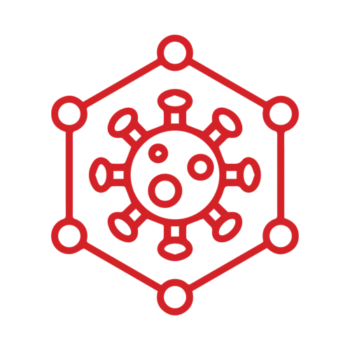 Red line illustration of a virus with a hexagonal border.